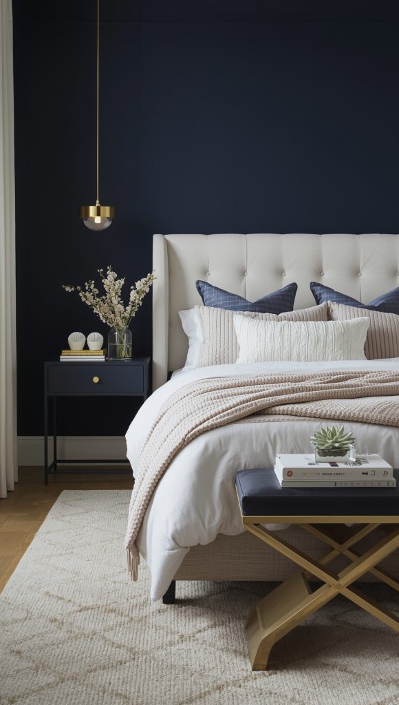 Elegant Bedroom Retreats in Navy and Brass