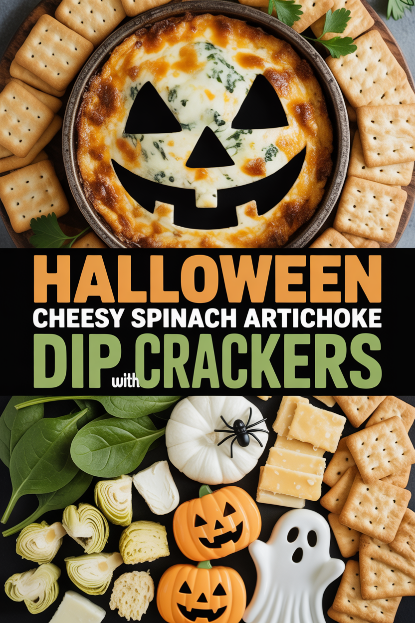 HALLOWEEN CHEESY SPINACH ARTICHOKE DIP WITH CRACKERS Recipe