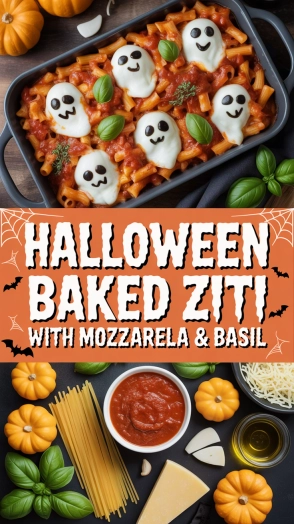 HALLOWEEN BAKED ZITI WITH MOZZARELLA & BASIL