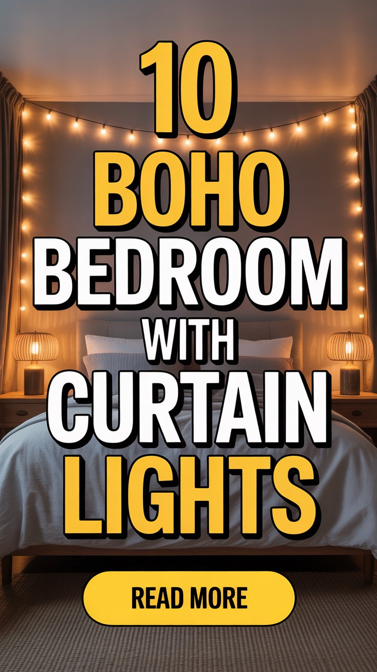 Boho Bedroom with Curtain Lights