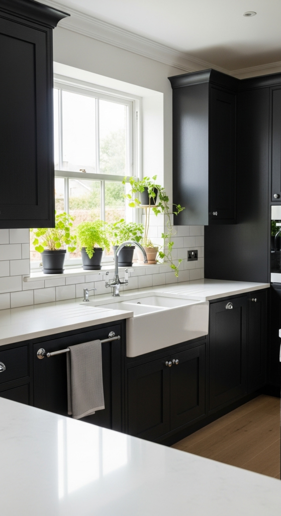 Dark Cabinets Paired with Light Countertops and Backsplash