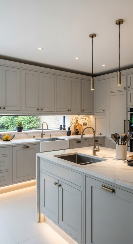 Greige Kitchen Cabinets with Metallic Finishes