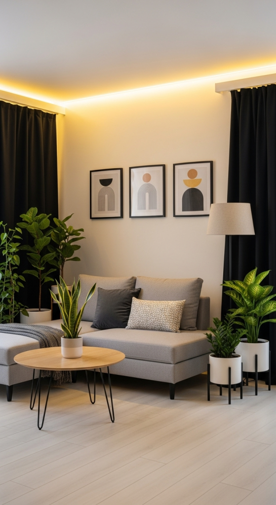 Black Curtains with Warm Lighting