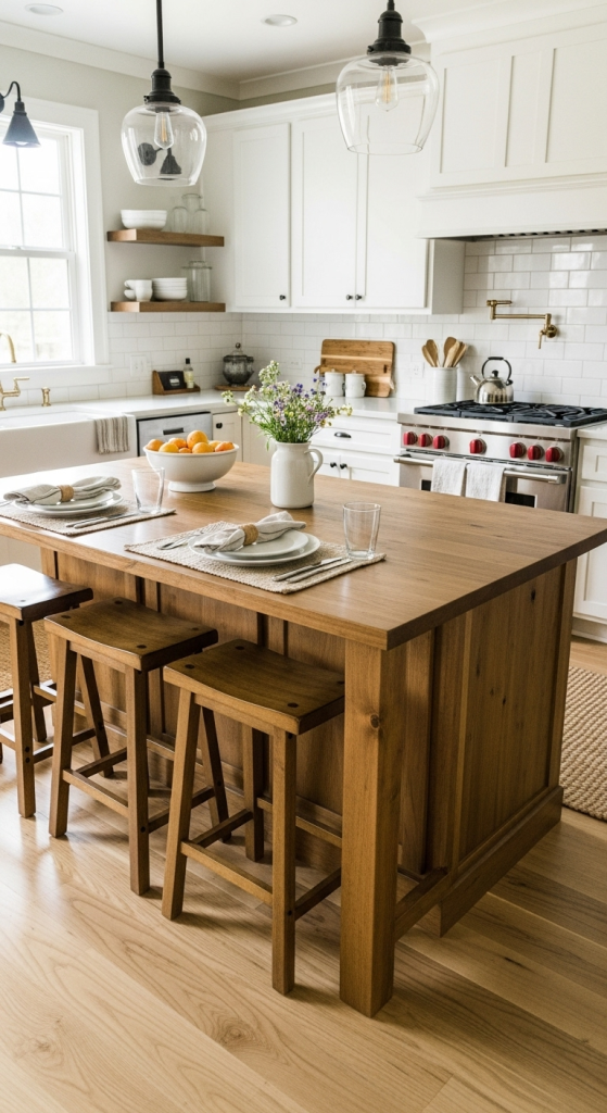 Wooden Kitchen Island with Stools for Everyday Dining