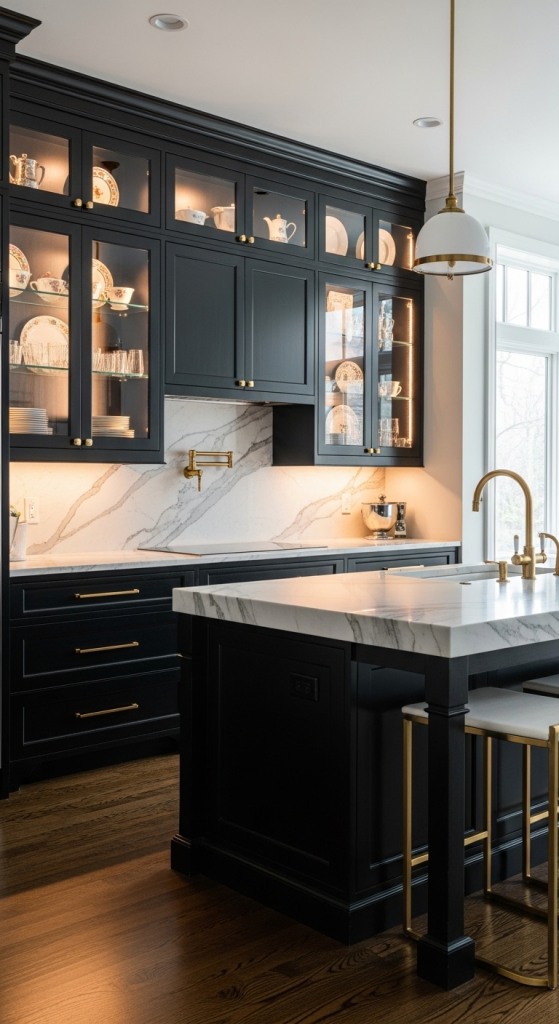 Elegant Dark Cabinetry Designs with Glass Inserts