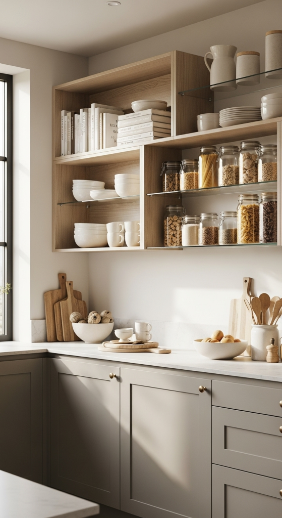 Greige Cabinets with Open Shelving