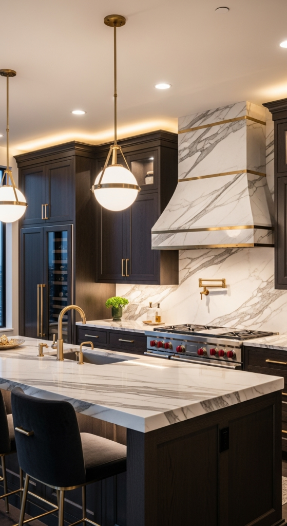 Luxe Living: Dark Oak with Marble Accents