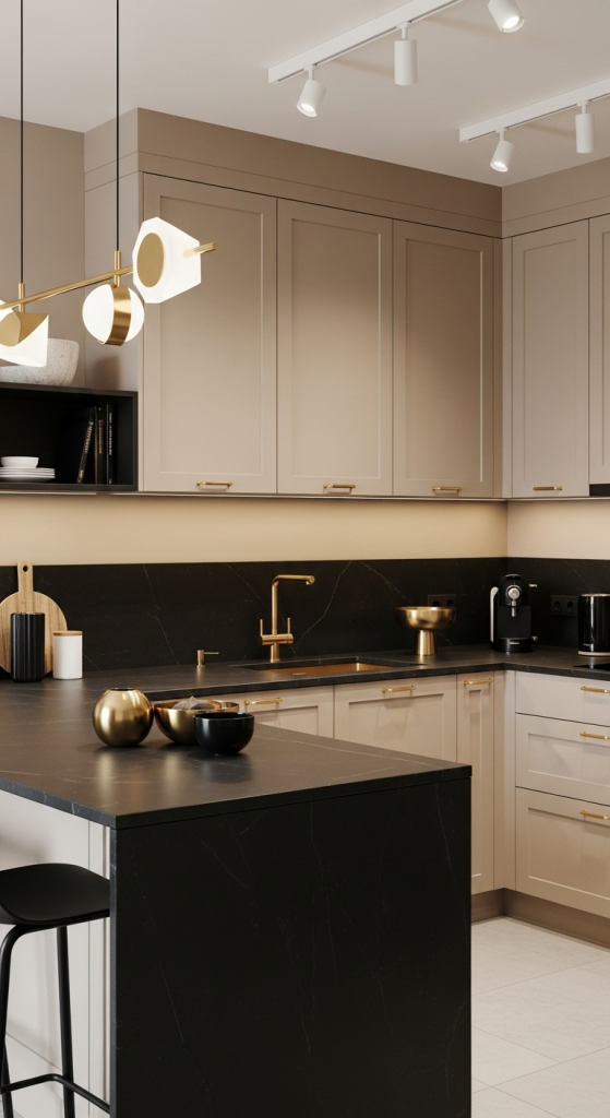 Beige Cabinets with Dark Countertops