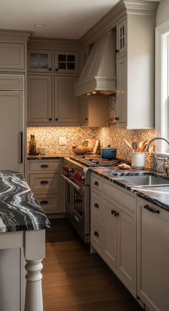 Greige Cabinets and Bold Countertops