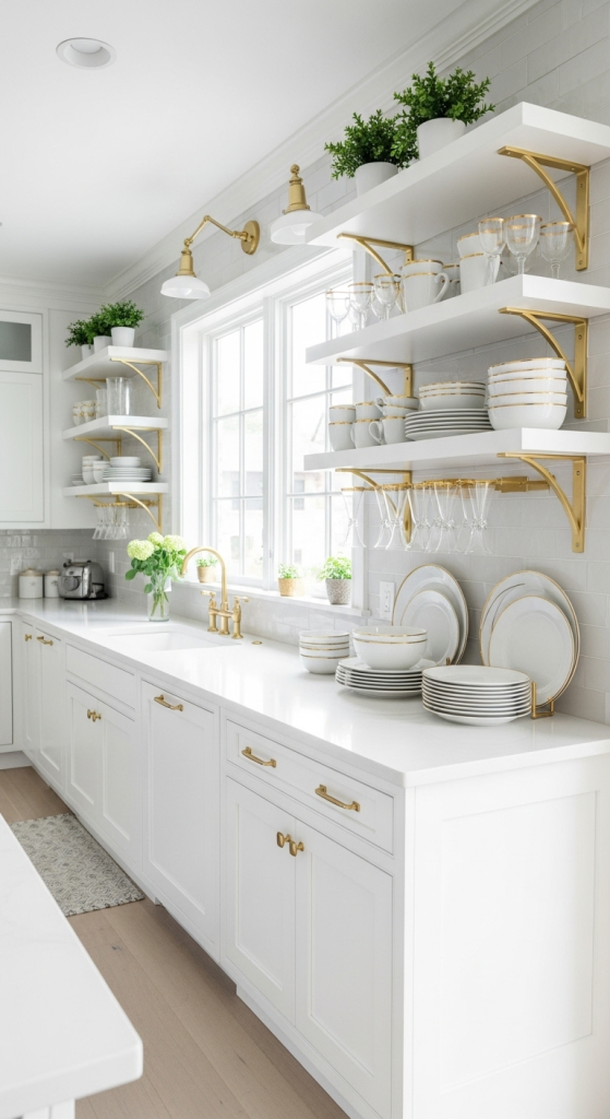 White and Gold Open Shelving Elegance