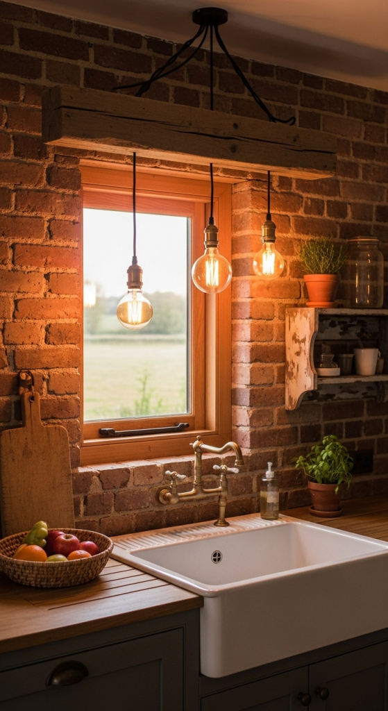 Wooden Beam with Hanging Bulbs