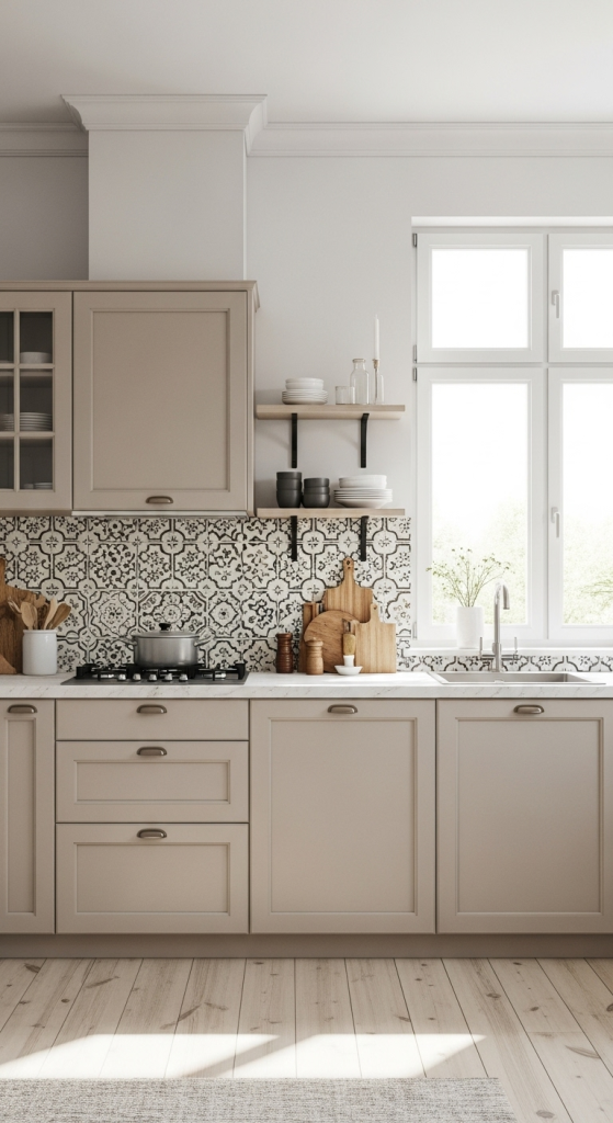 Beige Cabinets with Statement Backsplash