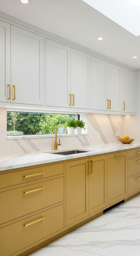 Two-Tone Elegance: White and Gold Cabinets Combo