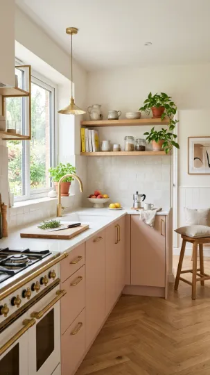 Blush Pink Base Cabinets with White Countertops