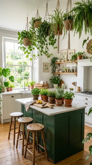 Botanical-Themed Green and White Kitchen