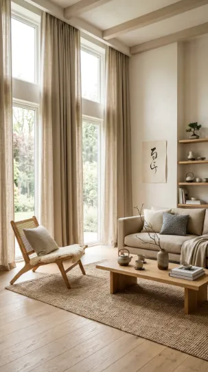 Floor-to-Ceiling Drapes in a Japandi Living Room