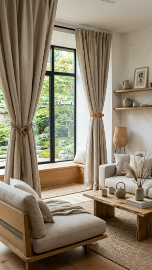 Tied-Back Linen Curtains with Leather or Rope Accents