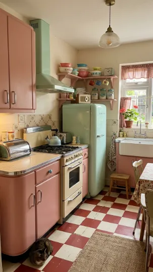 Vintage-Inspired Pink Cabinets with Retro Handles