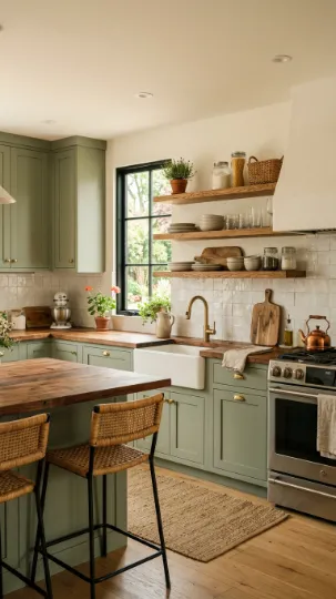White and Green Kitchen Aesthetic With Natural Wood Accents