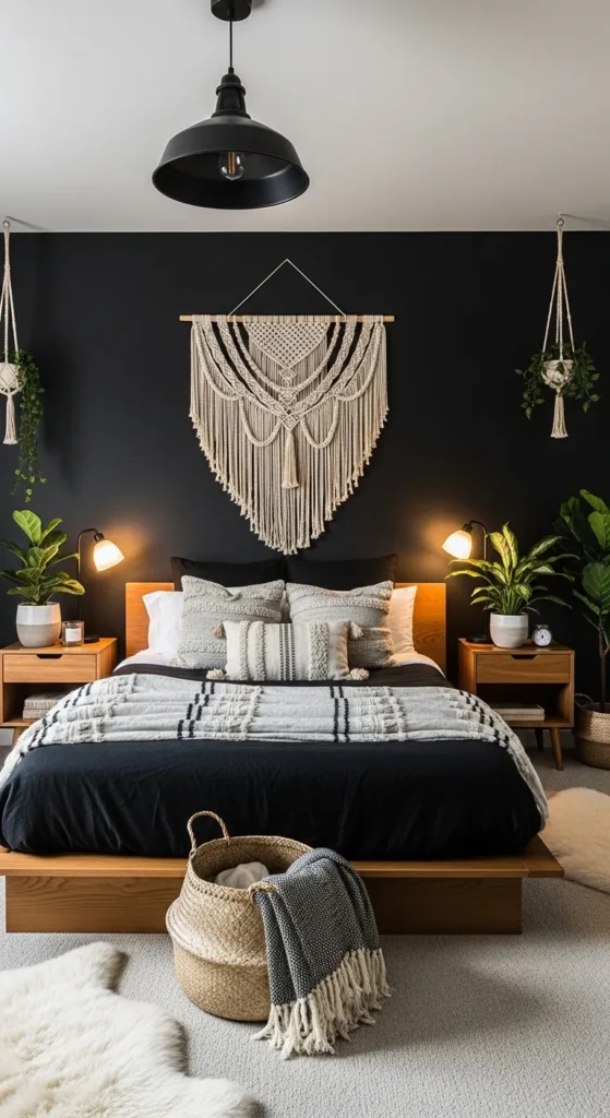 Black Accent Wall Boho Bedroom