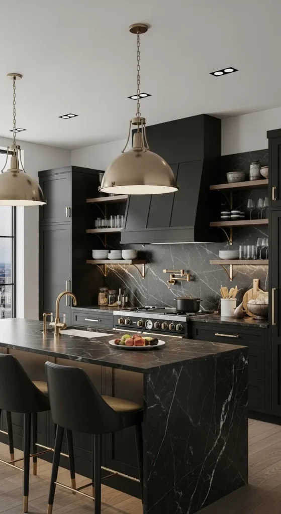 Black Kitchen with Metallic Accents