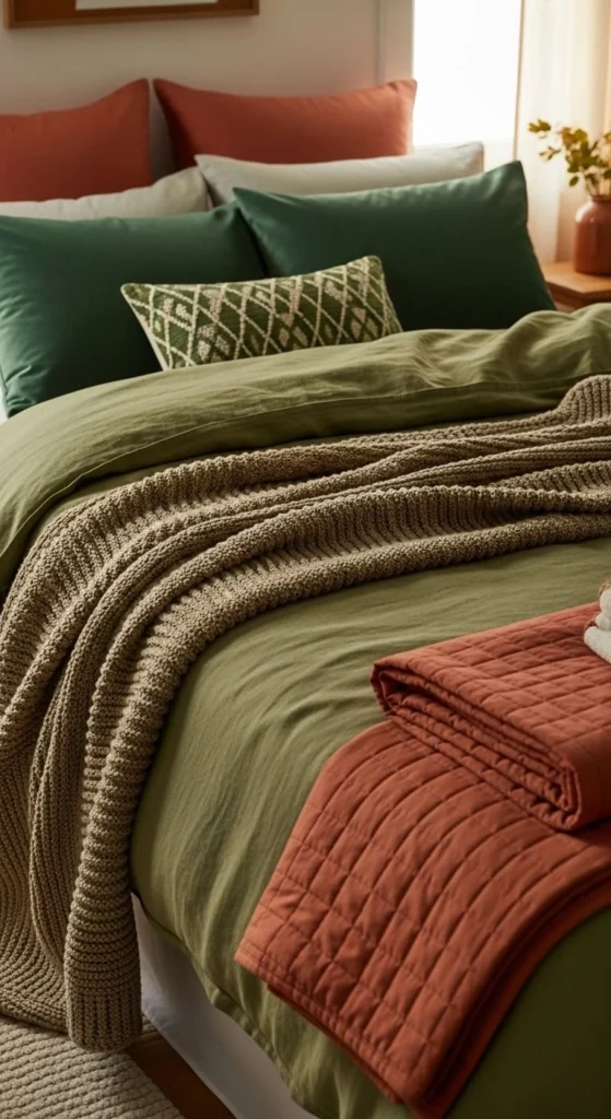 Green Bedding with Terracotta Accents