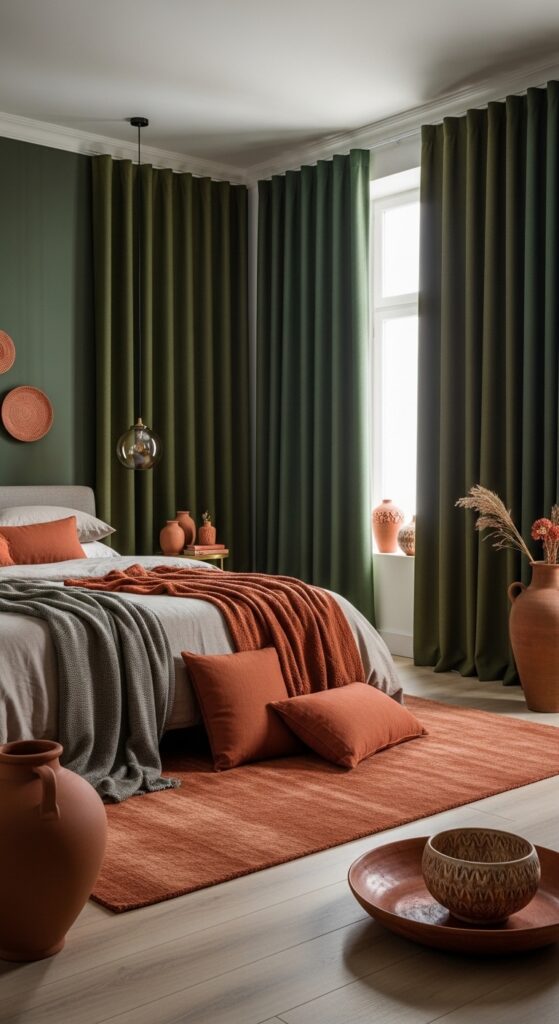 Green Curtains with Terracotta Accents