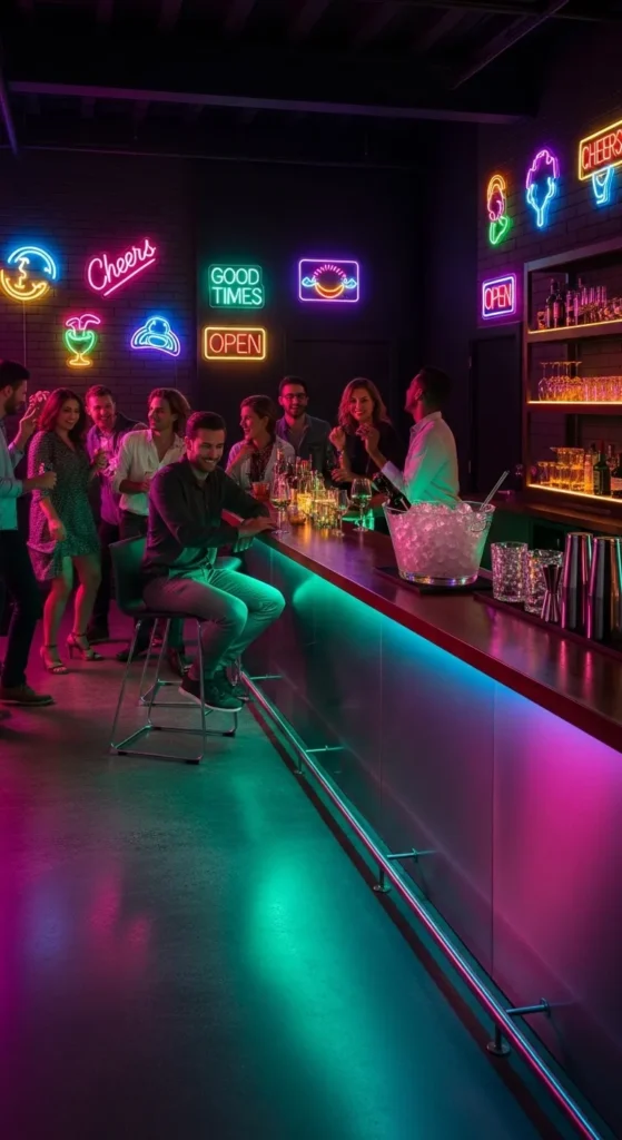 Neon Glow Basement Bar
