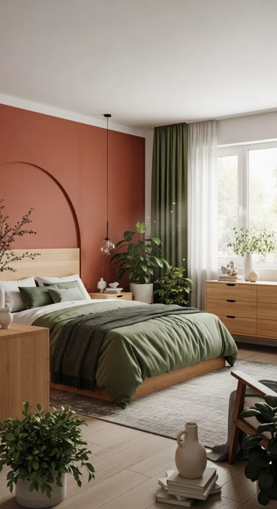 Terracotta Accent Wall with Green Decor