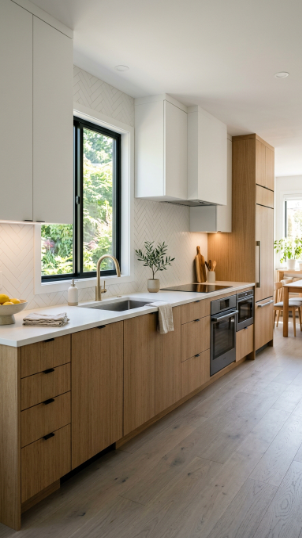White Upper Cabinets with Wood Base