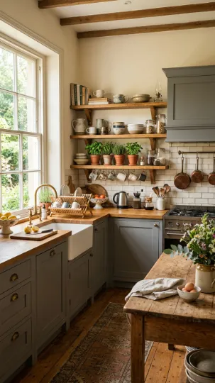 Grey Cabinets with Wooden Accents