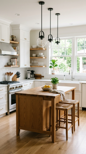 White Cabinets with Wood Island