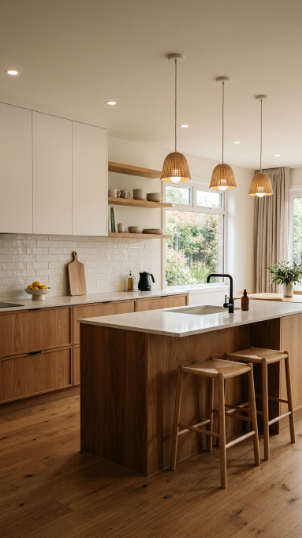 Matte White with Warm Wood Tones