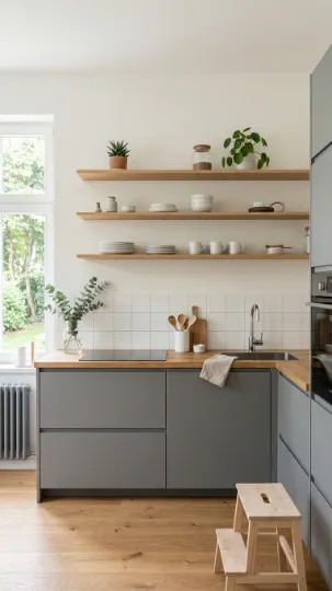 Open Shelving with Grey Cabinets