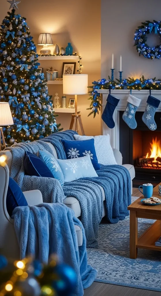 Blue Cushion and Blanket Setup