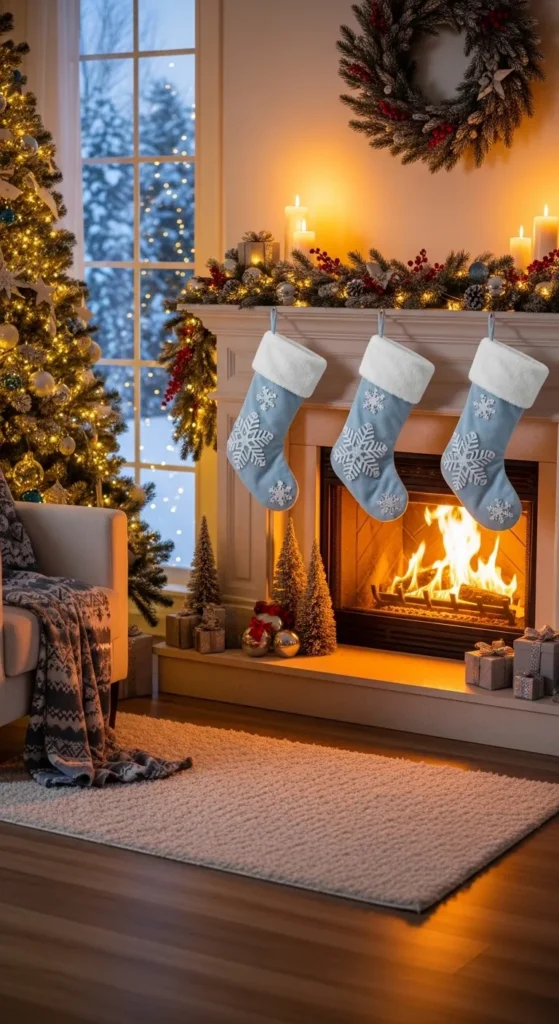 Blue Stockings on Fireplace