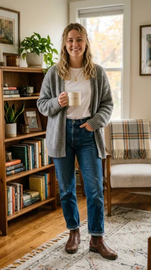 Cardigan with Basic Tee and Jeans