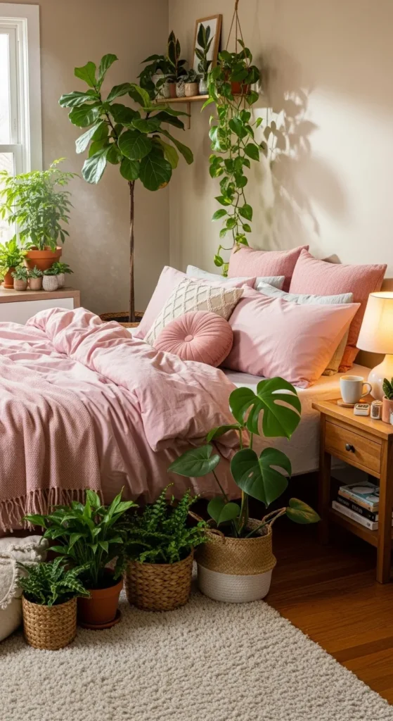 Pink Bedding with Green Plants