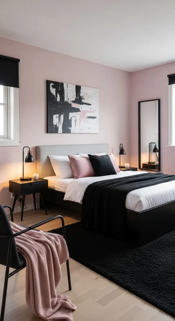 Soft Pink Walls with Black Accents