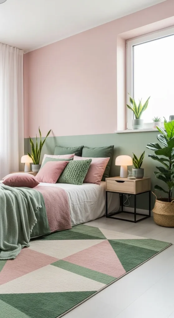 Soft Pink Walls with Green Accents