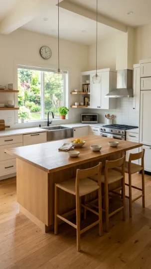 White Cabinets with Wood Island