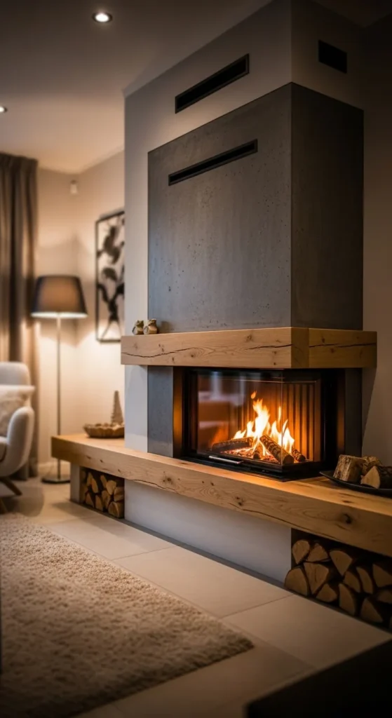Wood and Modern Fireplace