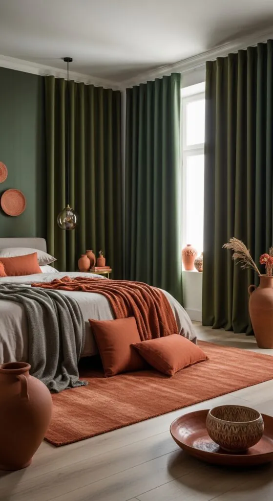 Green Curtains with Terracotta Accents